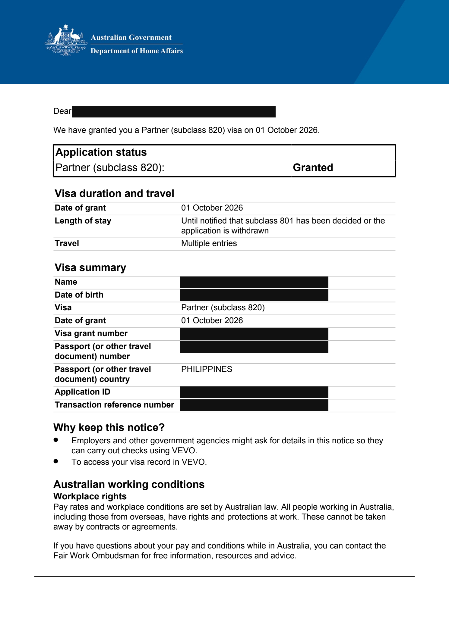 Actual redacted Home Affairs grant notice