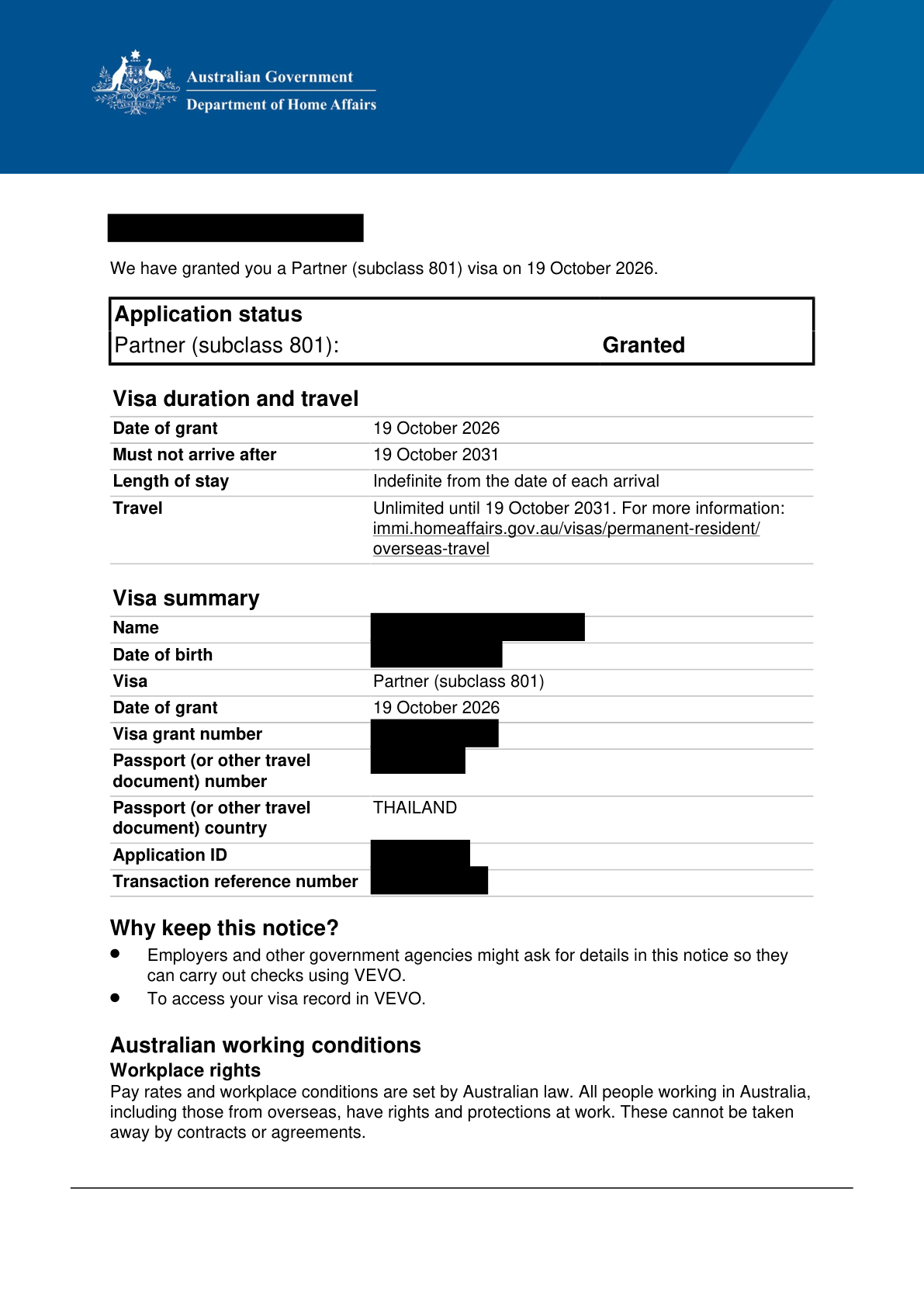 Subclass 801 grant notice — personal details redacted