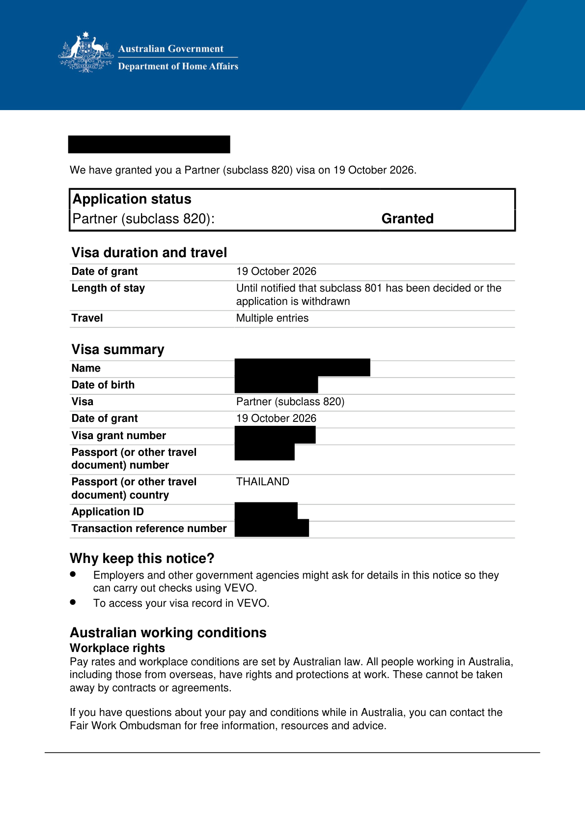 Subclass 820 grant notice — personal details redacted