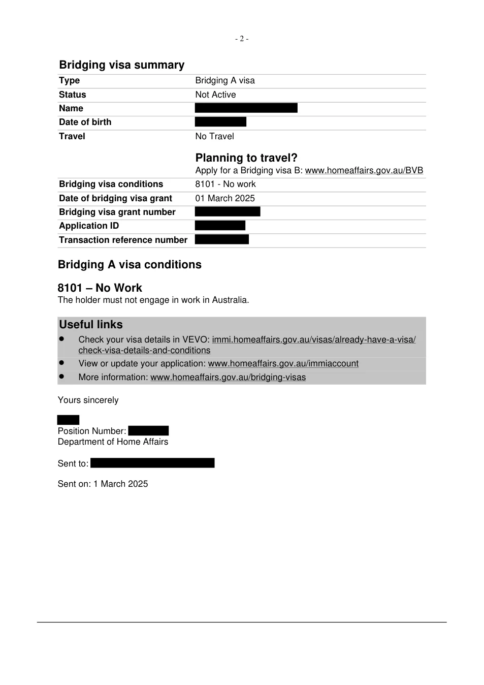 Redacted grant notice: subclass 300, BVA granted 1 March 2025. Client identifiers removed.