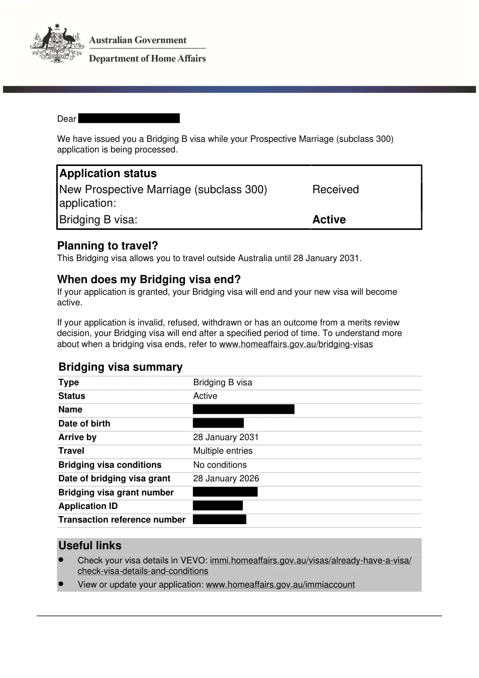 Redacted grant notice: subclass 300, BVB granted 28 January 2026. Client identifiers removed.
