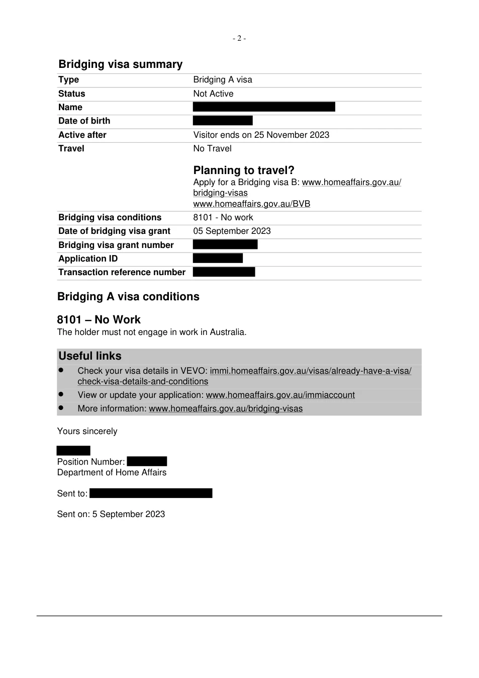 Redacted grant notice: subclass 309, BVA granted 5 September 2023. Client identifiers removed.