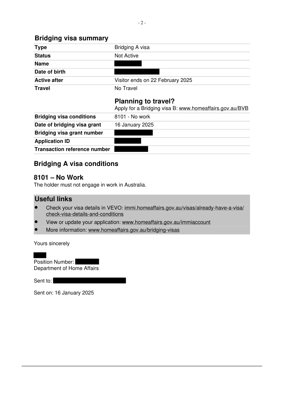 Redacted grant notice: subclass 309, BVA granted 16 January 2025. Client identifiers removed.