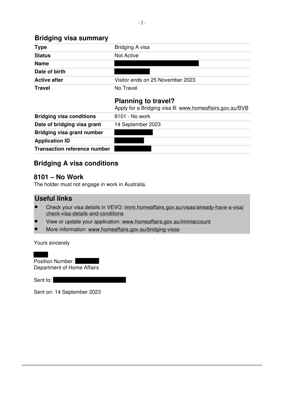Redacted grant notice: subclass 309, BVA granted 14 September 2023 · Applicant 1. Client identifiers removed.