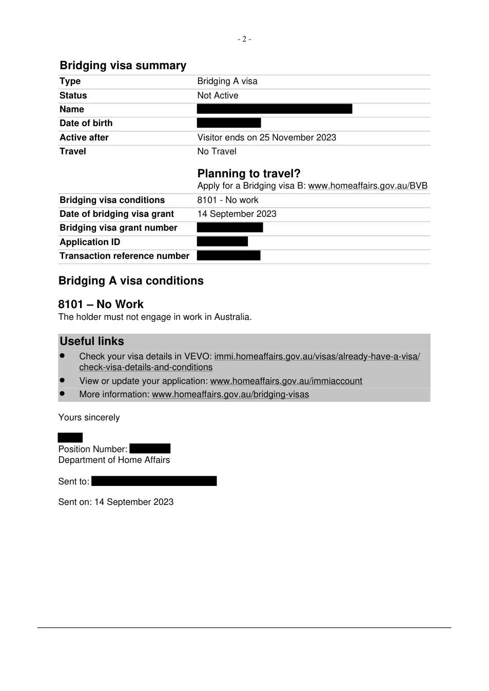 Redacted grant notice: subclass 309, BVA granted 14 September 2023 · Applicant 2. Client identifiers removed.