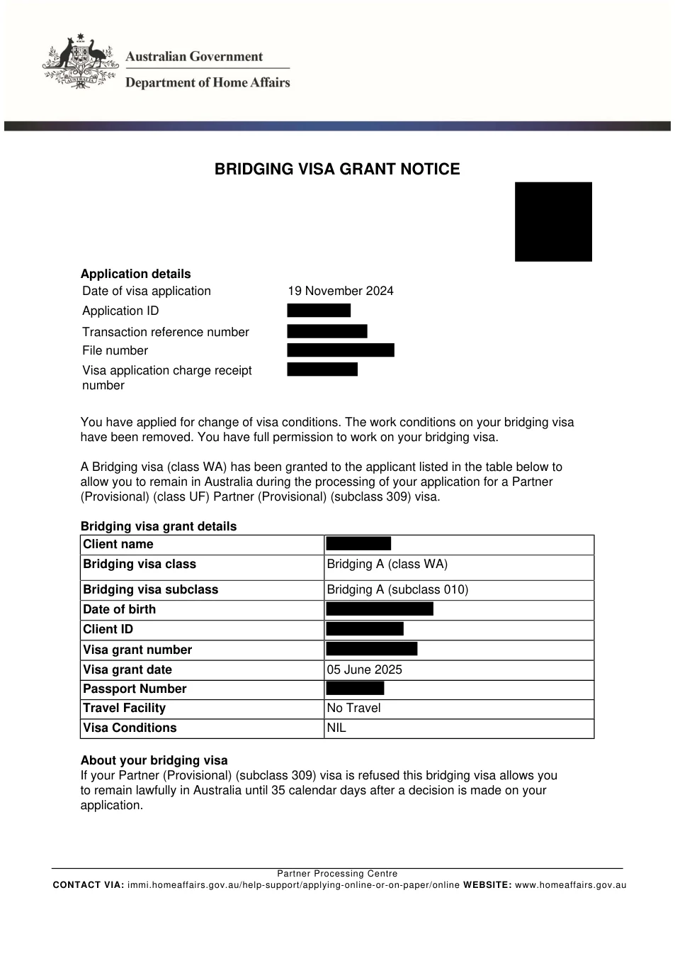 Redacted grant notice: subclass 309, BVA granted 5 June 2025. Client identifiers removed.