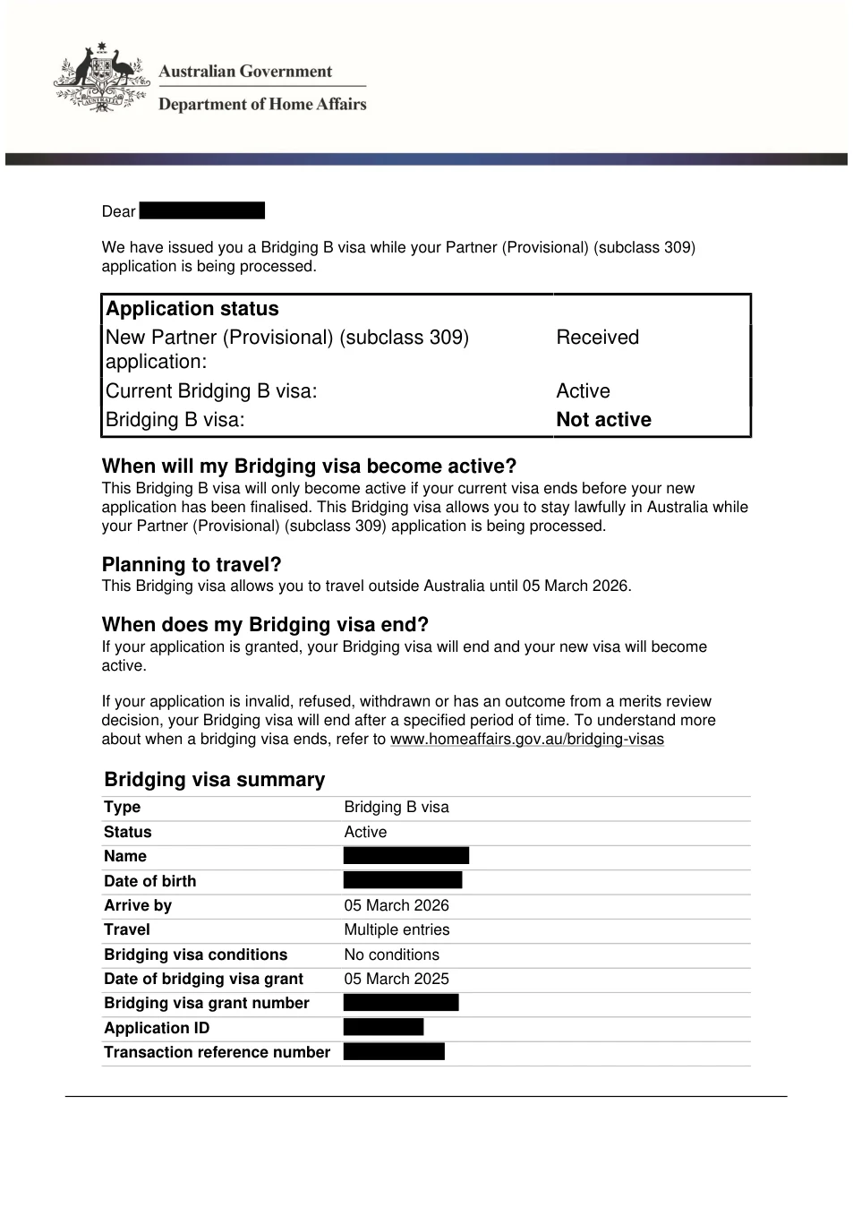 Redacted grant notice: subclass 309, BVB granted 5 March 2025. Client identifiers removed.