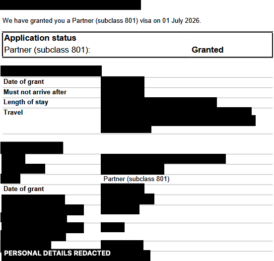 Permanently redacted Subclass 801 partner visa grant notice for a Peruvian applicant