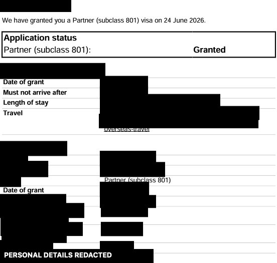 Permanently redacted Subclass 801 partner visa grant notice for a German applicant