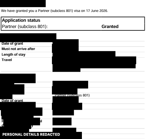 Permanently redacted Subclass 801 partner visa grant notice for a Canadian applicant