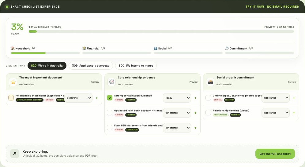 Preview of the Free Partner Visa Checklist App showing personalised evidence categories, progress and document tasks