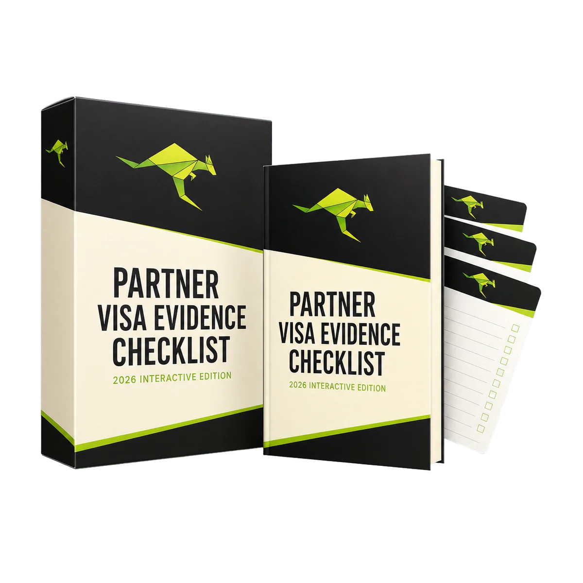 Partner Visa Evidence Checklist digital box, guide and interactive checklist cards