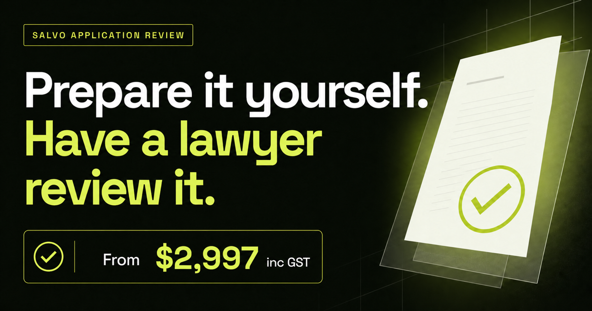 Salvo Application Review artwork showing a $2,997 fee including GST